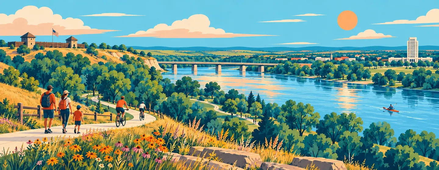 Painted Missouri River panorama with prairie bluffs, Fort Lincoln-inspired blockhouses, walkers, cyclists and a distant Bismarck skyline.