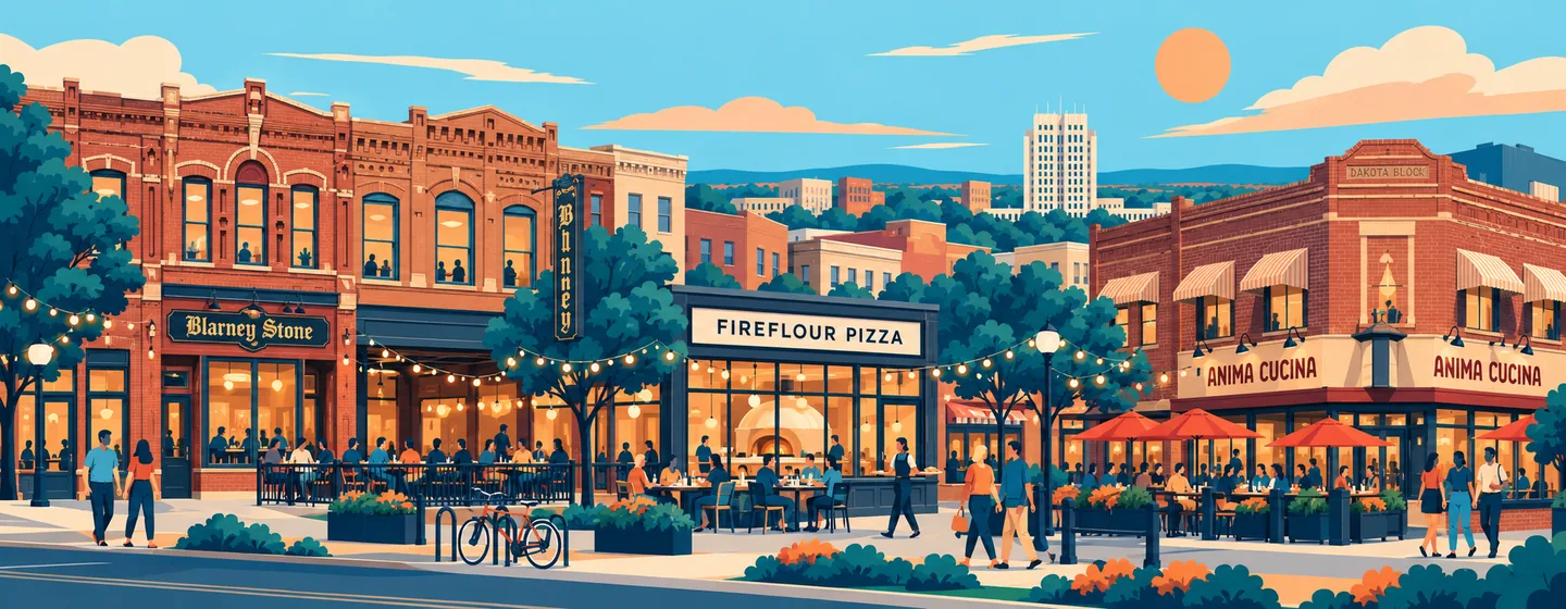 An illustration of a busy downtown Bismarck street at golden hour, with diners at outdoor tables, string lights and neighborhood restaurants.
