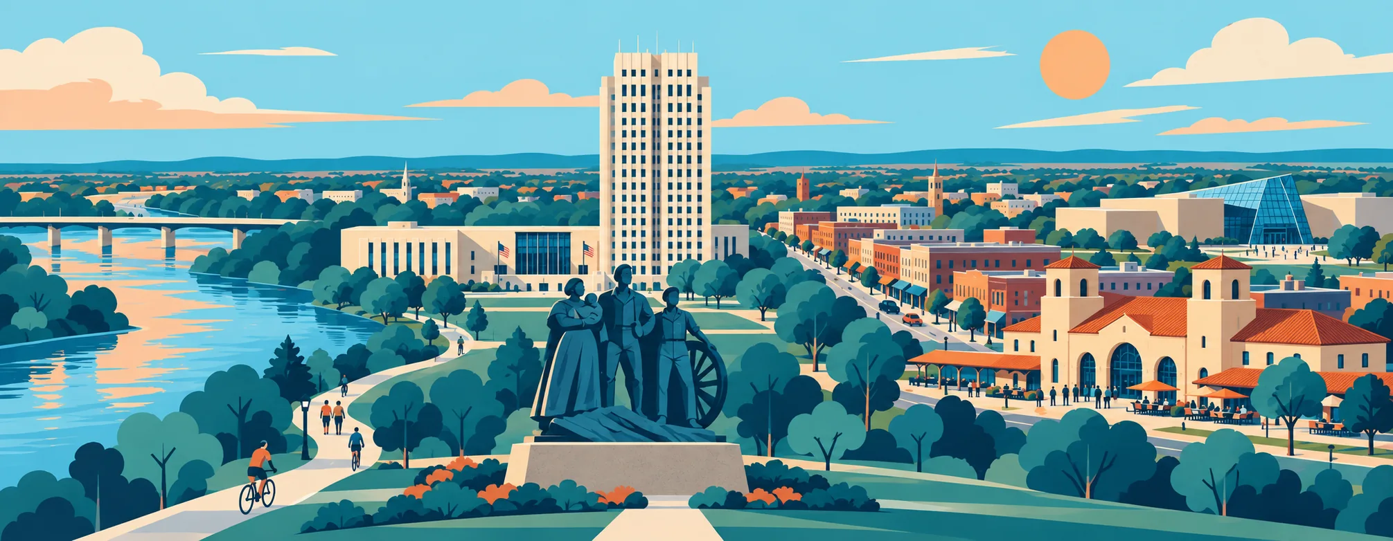Illustration of Bismarck with the North Dakota State Capitol, Pioneer Family monument, Missouri River, downtown depot and Heritage Center.